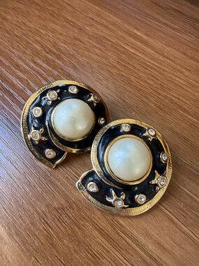 Gold and Black Pearl-Accent Clip Earrings